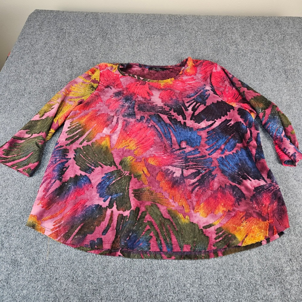 Caleo Womens 3X Top Abstract Burnout Multi-Color 3/4 Sleeve Blouse Pink Red Blue